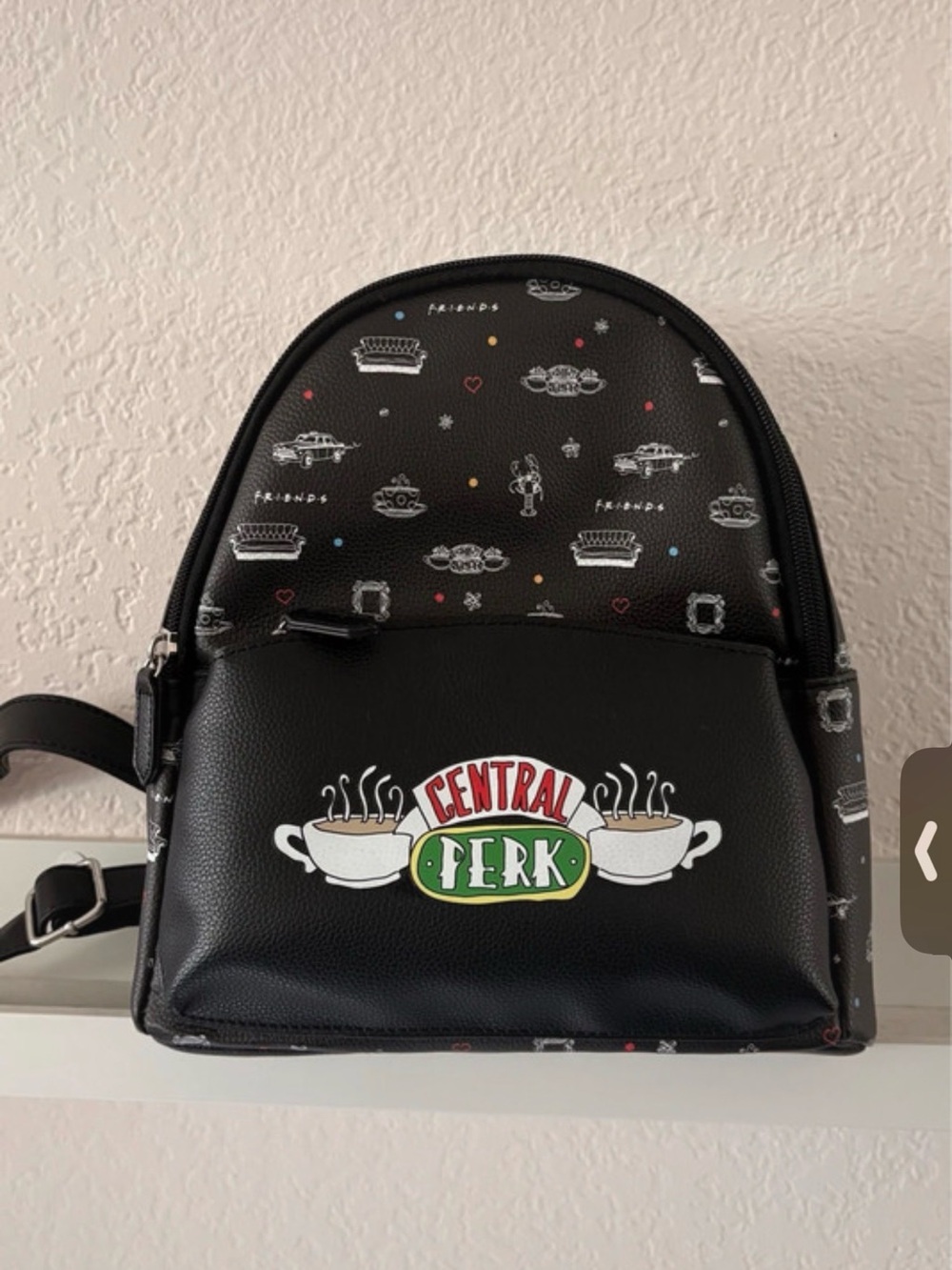 FRIENDS Black Mini Backpack with Central Perk Logo and Multicolor Accents